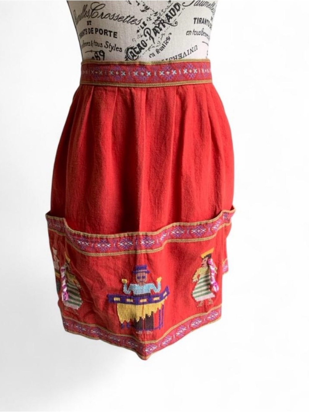 Vintage Guatemalan Red Embroidered Apron with Front Pockets Cottagecore